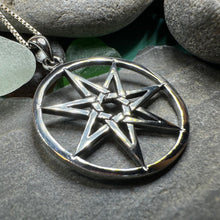 Load image into Gallery viewer, Elven Star Necklace, Seven Pointed Star Necklace, Celestial Pendant, Wiccan Jewelry, Witch Pendant, Pagan Jewelry, Oak Leaf, Mystical