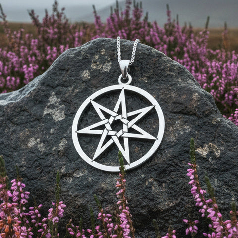 Load image into Gallery viewer, Elven Star Necklace, Seven Pointed Star Necklace, Celestial Pendant, Wiccan Jewelry, Witch Pendant, Pagan Jewelry, Oak Leaf, Mystical