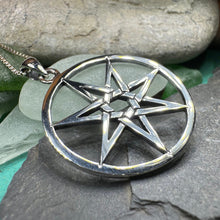 Load image into Gallery viewer, Elven Star Necklace, Seven Pointed Star Necklace, Celestial Pendant, Wiccan Jewelry, Witch Pendant, Pagan Jewelry, Oak Leaf, Mystical