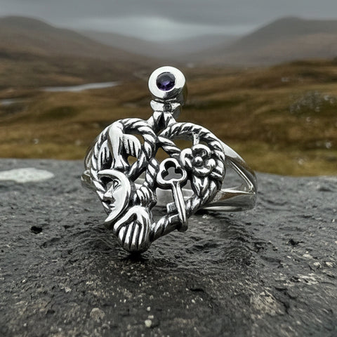 Load image into Gallery viewer, Cimaruta Ring, Italian Ring, Wiccan Jewelry, Celtic Jewelry, Pagan Ring, Witch Gift, Protection Charm, Pagan Ring, Amethyst Wiccan Ring