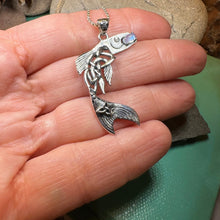 Load image into Gallery viewer, Salmon of Knowledge Necklace, Celtic Jewelry, Irish Necklace, Graduation Gift, Teacher Gift, Celtic Fish Necklace, Wiccan Jewelry, Moonstone