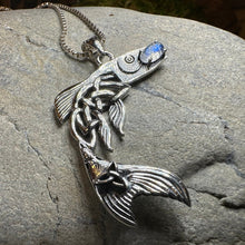 Load image into Gallery viewer, Salmon of Knowledge Necklace, Celtic Jewelry, Irish Necklace, Graduation Gift, Teacher Gift, Celtic Fish Necklace, Wiccan Jewelry, Moonstone