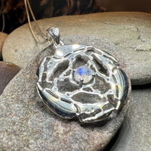 Load image into Gallery viewer, Raven Necklace, Bird Jewelry, Celtic Pendant, Silver Bird Pendant, Triquetra, Pagan Jewelry, Triple Spiral, Poe Jewelry, Gothic Jewelry