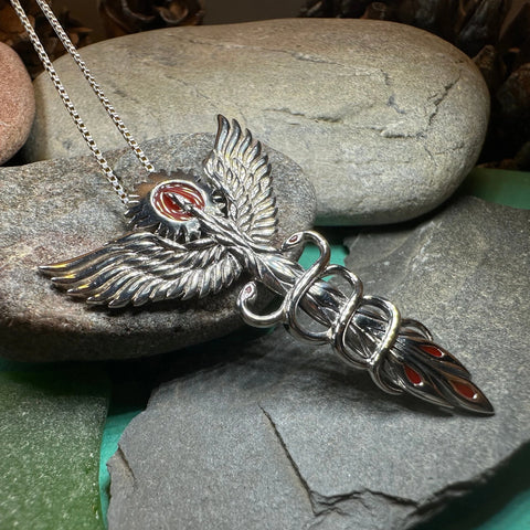 Load image into Gallery viewer, Caduceus Red Phoenix Necklace in Sterling Silver