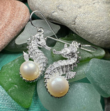 Load image into Gallery viewer, Seahorse Earrings, Sea Life Earrings, Nautical Jewelry, Pearl Anniversary Gift, Beach Jewelry, Wife Gift, Dangle Earrings, Ocean Jewelry