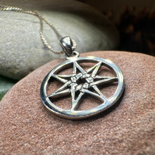 Load image into Gallery viewer, Petite Elven Star Necklace, Seven Pointed Star Necklace, Celestial Pendant, Wiccan Jewelry, Witch Pendant, Pagan Jewelry, Oak Leaf, Mystical