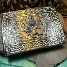 Load image into Gallery viewer, Celtic Kilt Belt Buckle, Scottish Belt Buckle, Pewter Thistle Buckle, Large Belt Buckle, Men's Celtic Gift, Celtic Knot Buckle, Bagpiper