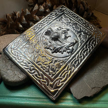 Load image into Gallery viewer, Celtic Kilt Belt Buckle, Scottish Belt Buckle, Pewter Thistle Buckle, Large Belt Buckle, Men's Celtic Gift, Celtic Knot Buckle, Bagpiper