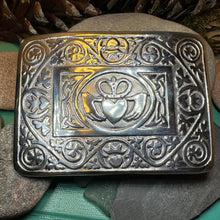 Load image into Gallery viewer, Celtic Kilt Belt Buckle, Irish Belt Buckle, Pewter Claddagh Buckle, Large Belt Buckle, Men's Celtic Gift, Celtic Knot Buckle, Bagpiper Gift