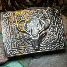 Load image into Gallery viewer, Celtic Kilt Belt Buckle, Scottish Belt Buckle, Pewter Stag Buckle, Large Belt Buckle, Men's Celtic Gift, Celtic Knot Buckle, Bagpiper