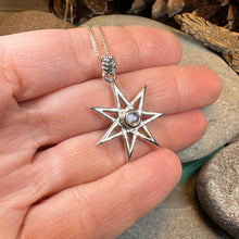 Load image into Gallery viewer, Elven Star Necklace, Seven Pointed Star Necklace, Celestial Pendant, Wiccan Jewelry, Moonstone Pendant, Pagan Jewelry, Oak Leaf, Mystical
