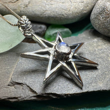 Load image into Gallery viewer, Elven Star Necklace, Seven Pointed Star Necklace, Celestial Pendant, Wiccan Jewelry, Moonstone Pendant, Pagan Jewelry, Oak Leaf, Mystical