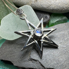 Load image into Gallery viewer, Elven Star Necklace, Seven Pointed Star Necklace, Celestial Pendant, Wiccan Jewelry, Moonstone Pendant, Pagan Jewelry, Oak Leaf, Mystical