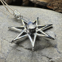 Load image into Gallery viewer, Elven Star Necklace, Seven Pointed Star Necklace, Celestial Pendant, Wiccan Jewelry, Moonstone Pendant, Pagan Jewelry, Oak Leaf, Mystical