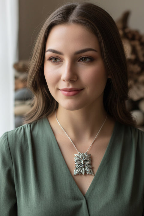 Load image into Gallery viewer, Green Man Necklace, Celtic Jewelry, Large Pagan Pendant, Irish Jewelry, Nature Jewelry, Wiccan Jewelry, Nature Lover Gift, God of the Forest