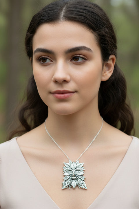 Load image into Gallery viewer, Green Man Necklace, Celtic Jewelry, Large Pagan Pendant, Irish Jewelry, Nature Jewelry, Wiccan Jewelry, Nature Lover Gift, God of the Forest