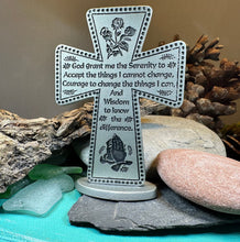 Load image into Gallery viewer, Serenity Prayer Standing Cross, Christian Gift, Pewter Celtic Cross, Blessing Gift, Recovery Religious Prayer, AA Sobriety Anniversary Gift