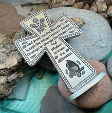 Load image into Gallery viewer, Serenity Prayer Standing Cross, Christian Gift, Pewter Celtic Cross, Blessing Gift, Recovery Religious Prayer, AA Sobriety Anniversary Gift