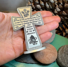 Load image into Gallery viewer, Serenity Prayer Standing Cross, Christian Gift, Pewter Celtic Cross, Blessing Gift, Recovery Religious Prayer, AA Sobriety Anniversary Gift