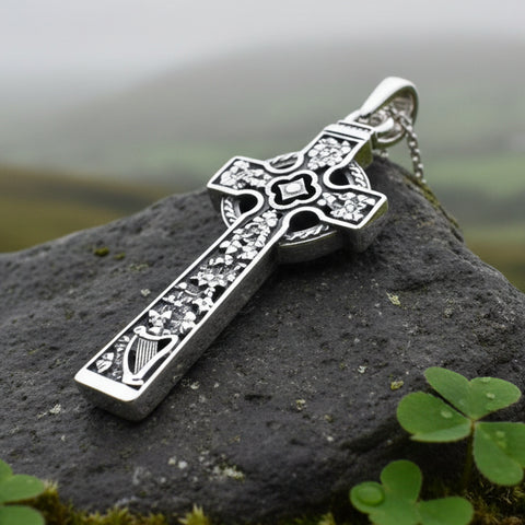Load image into Gallery viewer, Celtic Cross Necklace, Irish Jewelry, Harp Pendant, Ireland Cross Pendant, Shamrock Jewelry, First Communion Gift, Girls Confirmation Gift