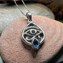 Load image into Gallery viewer, Eye of Horus Necklace, Egyptian Eye Pendant, Mystical Amulet, Egyptian Symbol, Sapphire Jewelry, Cancer Survivor Gift, Recovery Gift