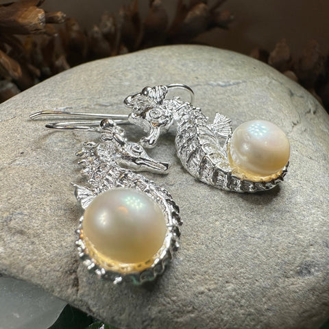 Load image into Gallery viewer, Seahorse Earrings, Sea Life Earrings, Nautical Jewelry, Pearl Anniversary Gift, Beach Jewelry, Wife Gift, Dangle Earrings, Ocean Jewelry