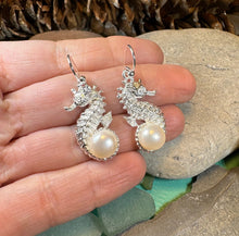 Load image into Gallery viewer, Seahorse Earrings, Sea Life Earrings, Nautical Jewelry, Pearl Anniversary Gift, Beach Jewelry, Wife Gift, Dangle Earrings, Ocean Jewelry