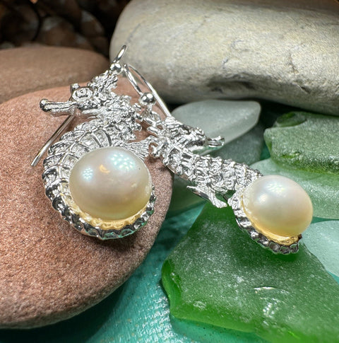Load image into Gallery viewer, Seahorse Earrings, Sea Life Earrings, Nautical Jewelry, Pearl Anniversary Gift, Beach Jewelry, Wife Gift, Dangle Earrings, Ocean Jewelry