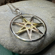 Load image into Gallery viewer, Elven Star Necklace, Seven Pointed Star Necklace, Celestial Pendant, Wiccan Jewelry, Moonstone Pendant, Pagan Jewelry, Oak Leaf, Mystical