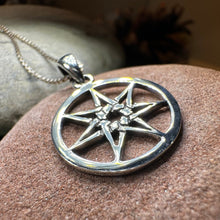 Load image into Gallery viewer, Petite Elven Star Necklace, Seven Pointed Star Necklace, Celestial Pendant, Wiccan Jewelry, Witch Pendant, Pagan Jewelry, Oak Leaf, Mystical