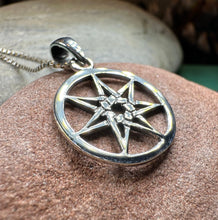 Load image into Gallery viewer, Petite Elven Star Necklace, Seven Pointed Star Necklace, Celestial Pendant, Wiccan Jewelry, Witch Pendant, Pagan Jewelry, Oak Leaf, Mystical