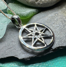 Load image into Gallery viewer, Petite Elven Star Necklace, Seven Pointed Star Necklace, Celestial Pendant, Wiccan Jewelry, Witch Pendant, Pagan Jewelry, Oak Leaf, Mystical