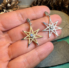 Load image into Gallery viewer, Elven Star Earrings, Seven Pointed Star Jewelry, Celestial Post Earrings, Wiccan Jewelry, Moonstone Jewelry, Pagan Jewelry, Oak Leaf Gift