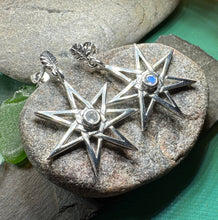 Load image into Gallery viewer, Elven Star Earrings, Seven Pointed Star Jewelry, Celestial Post Earrings, Wiccan Jewelry, Moonstone Jewelry, Pagan Jewelry, Oak Leaf Gift