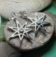 Load image into Gallery viewer, Elven Star Earrings, Seven Pointed Star Jewelry, Celestial Post Earrings, Wiccan Jewelry, Moonstone Jewelry, Pagan Jewelry, Oak Leaf Gift