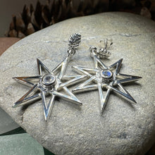 Load image into Gallery viewer, Elven Star Earrings, Seven Pointed Star Jewelry, Celestial Post Earrings, Wiccan Jewelry, Moonstone Jewelry, Pagan Jewelry, Oak Leaf Gift