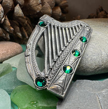 Load image into Gallery viewer, Celtic Harp Brooch, Celtic Pin, Irish Harp Jewelry, Irish Dance, Celtic Harp, Irish Gift, Mom Gift, Saint Patrick's Day, Green Ireland Pin