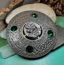 Load image into Gallery viewer, Claddagh Brooch, Celtic Shamrock Jewelry, Large Irish Pin, Clover Brooch, Ireland Brooch, Claddagh Tartan Pin, Bagpiper Gift, Mens Plaid Pin