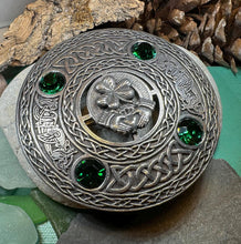 Load image into Gallery viewer, Claddagh Brooch, Celtic Shamrock Jewelry, Large Irish Pin, Clover Brooch, Ireland Brooch, Claddagh Tartan Pin, Bagpiper Gift, Mens Plaid Pin