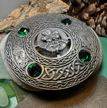 Load image into Gallery viewer, Claddagh Brooch, Celtic Shamrock Jewelry, Large Irish Pin, Clover Brooch, Ireland Brooch, Claddagh Tartan Pin, Bagpiper Gift, Mens Plaid Pin