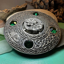 Load image into Gallery viewer, Claddagh Brooch, Celtic Shamrock Jewelry, Large Irish Pin, Clover Brooch, Ireland Brooch, Claddagh Tartan Pin, Bagpiper Gift, Mens Plaid Pin