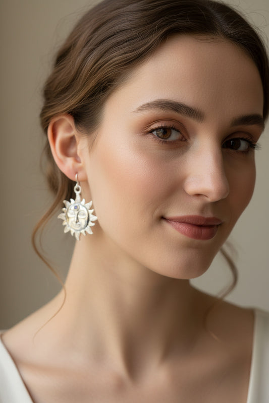 Sun Earrings, Celtic Jewelry, Moonstone Dangle Earrings, Celestial Jewelry, Wiccan Jewelry, Mom Gift, Sun Jewelry, Pagan Jewelry, Beach