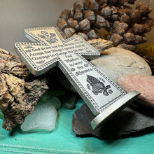 Load image into Gallery viewer, Serenity Prayer Standing Cross, Christian Gift, Pewter Celtic Cross, Blessing Gift, Recovery Religious Prayer, AA Sobriety Anniversary Gift