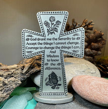 Load image into Gallery viewer, Serenity Prayer Standing Cross, Christian Gift, Pewter Celtic Cross, Blessing Gift, Recovery Religious Prayer, AA Sobriety Anniversary Gift