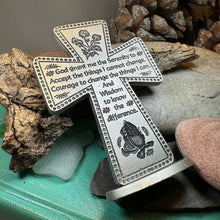Load image into Gallery viewer, Serenity Prayer Standing Cross, Christian Gift, Pewter Celtic Cross, Blessing Gift, Recovery Religious Prayer, AA Sobriety Anniversary Gift