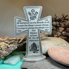 Load image into Gallery viewer, Serenity Prayer Standing Cross, Christian Gift, Pewter Celtic Cross, Blessing Gift, Recovery Religious Prayer, AA Sobriety Anniversary Gift