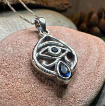 Load image into Gallery viewer, Eye of Horus Necklace, Egyptian Eye Pendant, Mystical Amulet, Egyptian Symbol, Sapphire Jewelry, Cancer Survivor Gift, Recovery Gift