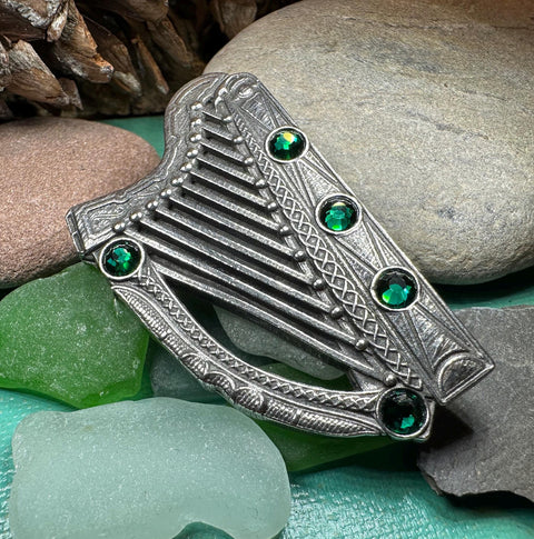 Load image into Gallery viewer, Celtic Harp Brooch, Celtic Pin, Irish Harp Jewelry, Irish Dance, Celtic Harp, Irish Gift, Mom Gift, Saint Patrick's Day, Green Ireland Pin
