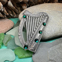 Load image into Gallery viewer, Celtic Harp Brooch, Celtic Pin, Irish Harp Jewelry, Irish Dance, Celtic Harp, Irish Gift, Mom Gift, Saint Patrick's Day, Green Ireland Pin