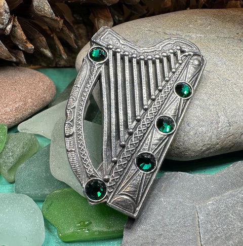 Load image into Gallery viewer, Celtic Harp Brooch, Celtic Pin, Irish Harp Jewelry, Irish Dance, Celtic Harp, Irish Gift, Mom Gift, Saint Patrick's Day, Green Ireland Pin